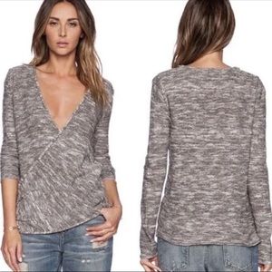 Free People Gotham Heathered Gray Faux Wrap Front Sweater XS Cotton Linen